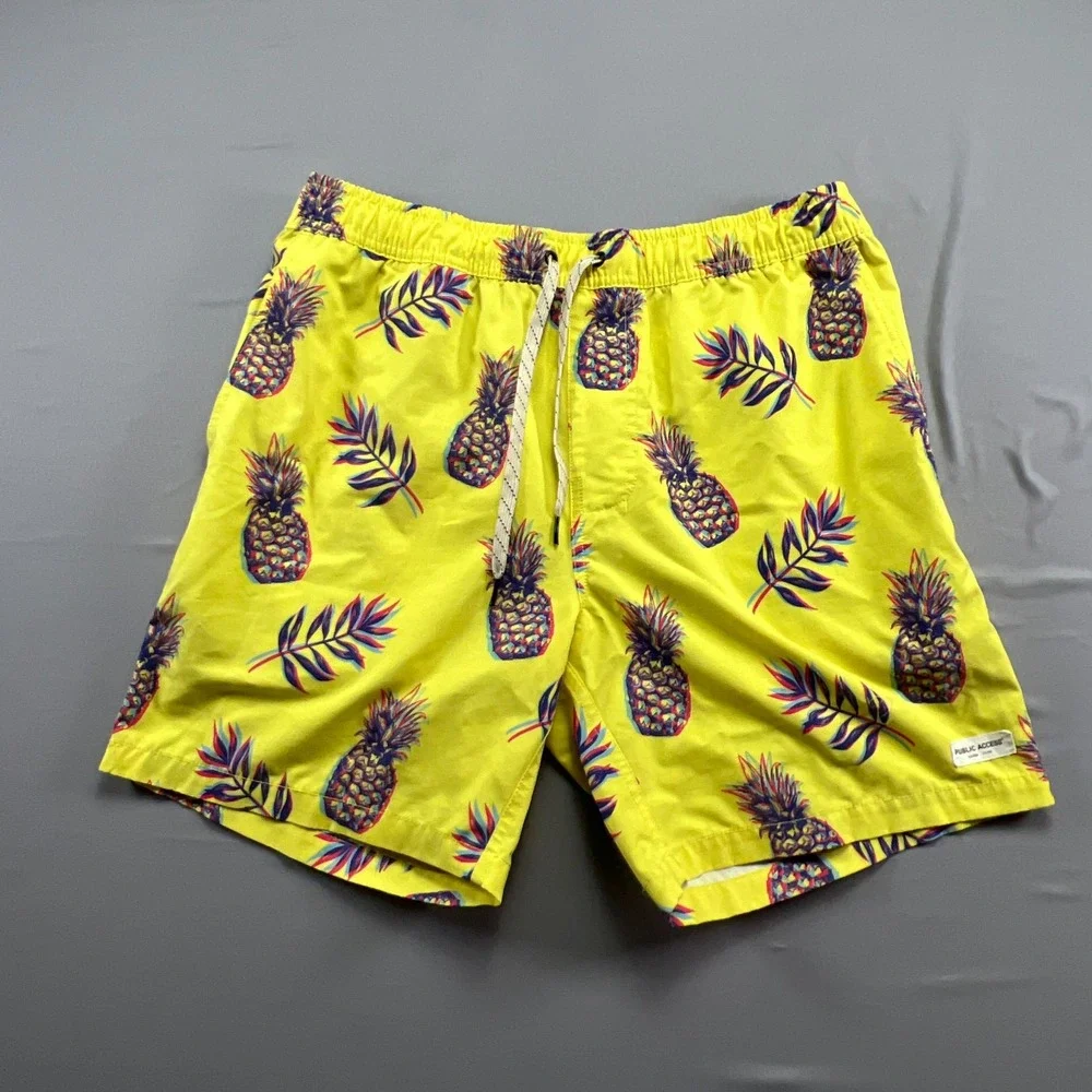 Public Access Swim Trunks Shorts Mens M Yellow Pineapple Print Stretch Surfing